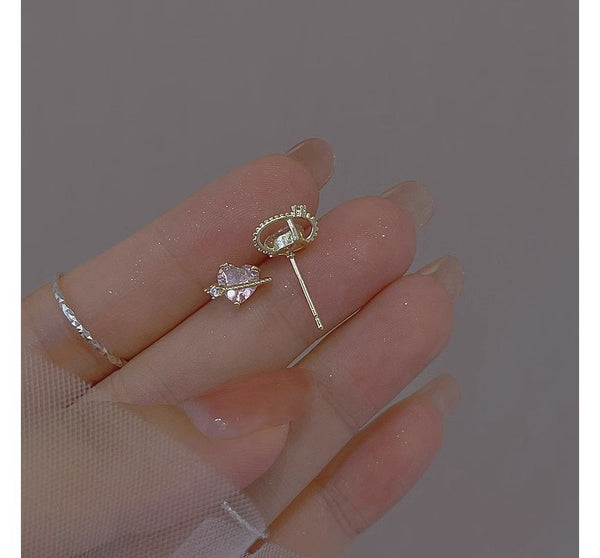 Earring Silver Planet Sterling Heart Rhinestone Stud FashionChic