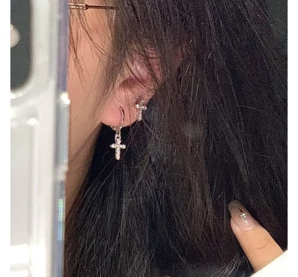 Rhinestone Asymmetrical Drop Alloy Cross Earring FashionChic