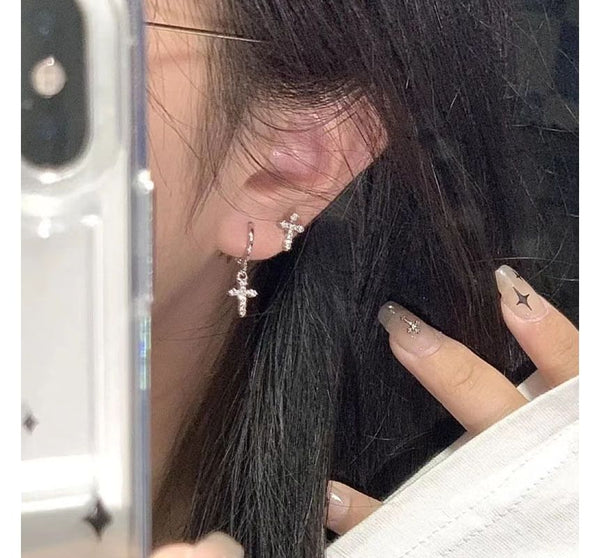 Rhinestone Asymmetrical Drop Alloy Cross Earring FashionChic