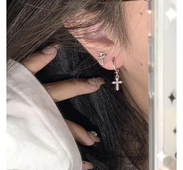 Rhinestone Asymmetrical Drop Alloy Cross Earring FashionChic