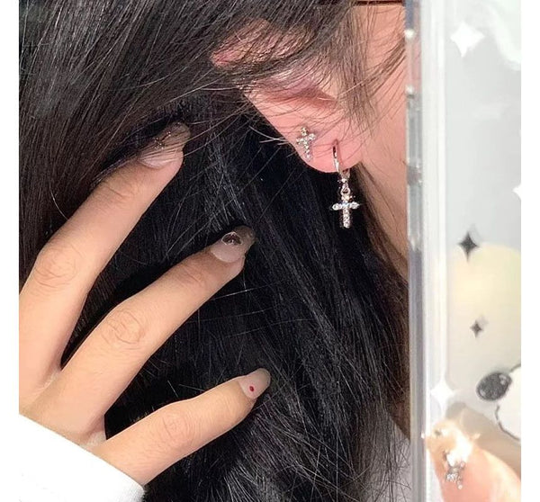 Rhinestone Asymmetrical Drop Alloy Cross Earring FashionChic