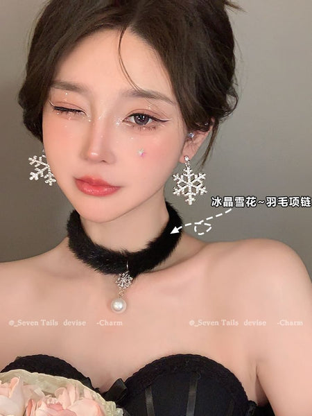 Chandelier Christmas Drop Choker Set Tree Snowflake Fluffy / Earring Bracelet FashionChic