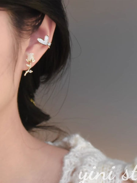 Earring Alloy Rose Asymmetrical Heart Rhinestone Stud FashionChic