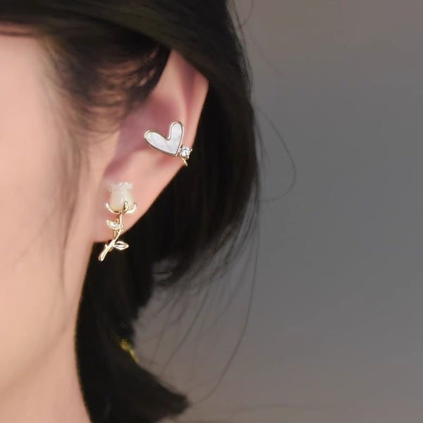 Earring Alloy Rose Asymmetrical Heart Rhinestone Stud FashionChic