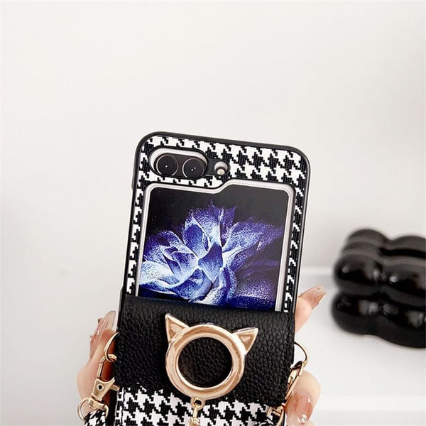 Lanyard Phone Cat Case Pearl Faux Houndstooth FashionChic