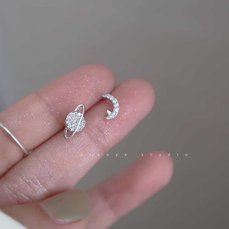 Earring Rhinestone Moon Silver Asymmetrical Stud Sterling FashionChic