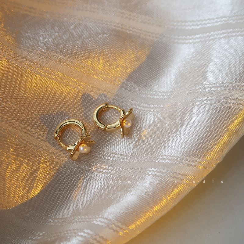 Pearl Huggie Sterling Flower Faux Silver Earring FashionChic
