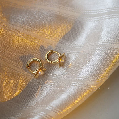 Pearl Huggie Sterling Flower Faux Silver Earring FashionChic