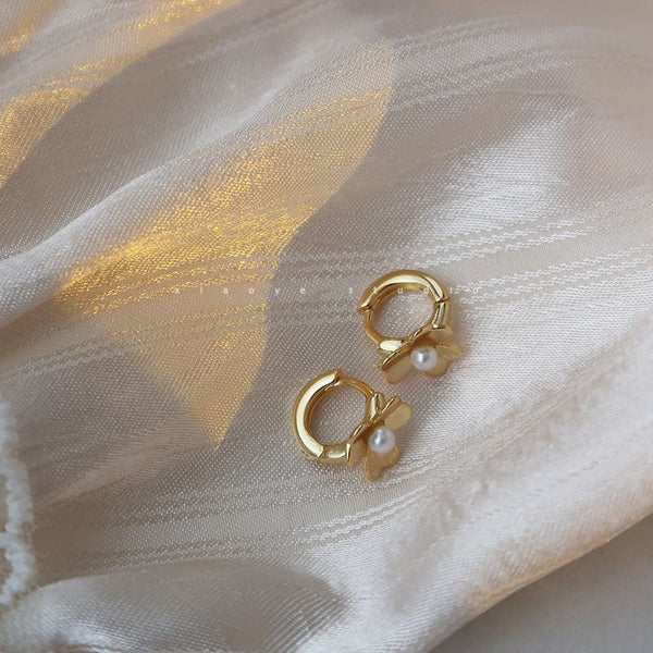 Pearl Huggie Sterling Flower Faux Silver Earring FashionChic