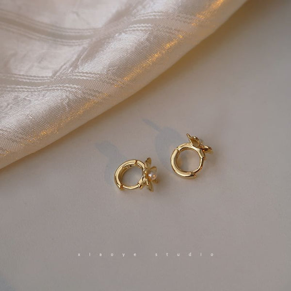 Pearl Huggie Sterling Flower Faux Silver Earring FashionChic