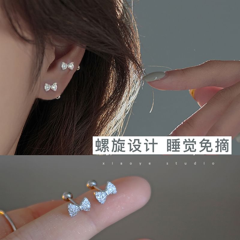 Sterling Silver Earring Barbell Bow Rhinestone FashionChic