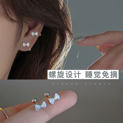 Sterling Silver Earring Barbell Bow Rhinestone FashionChic