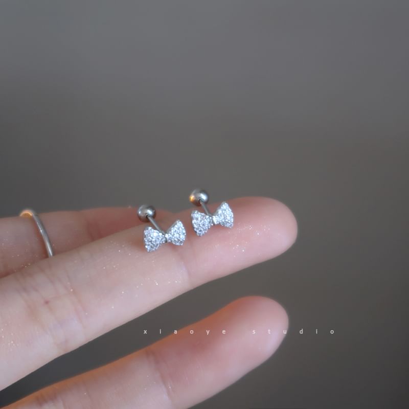Sterling Silver Earring Barbell Bow Rhinestone FashionChic