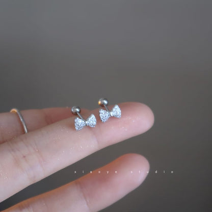 Sterling Silver Earring Barbell Bow Rhinestone FashionChic