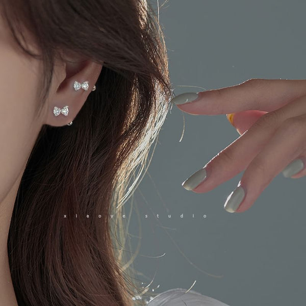 Sterling Silver Earring Barbell Bow Rhinestone FashionChic