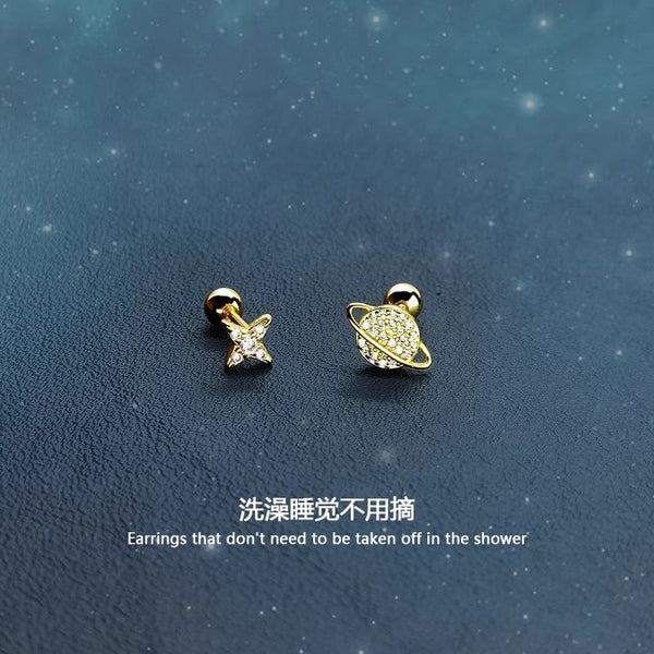 Star Asymmetrical Rhinestone Earring Silver Sterling Barbell FashionChic