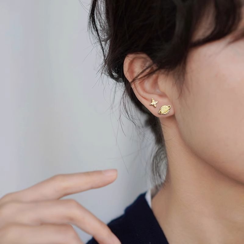Star Asymmetrical Rhinestone Earring Silver Sterling Barbell FashionChic