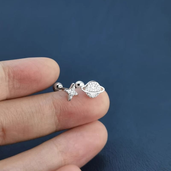 Star Asymmetrical Rhinestone Earring Silver Sterling Barbell FashionChic