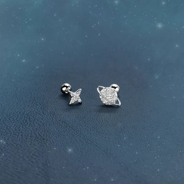 Star Asymmetrical Rhinestone Earring Silver Sterling Barbell FashionChic