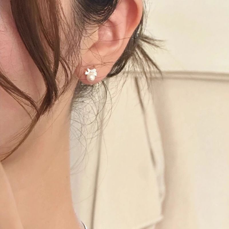 Silver Faux Bow Barbell Sterling Earring Pearl FashionChic