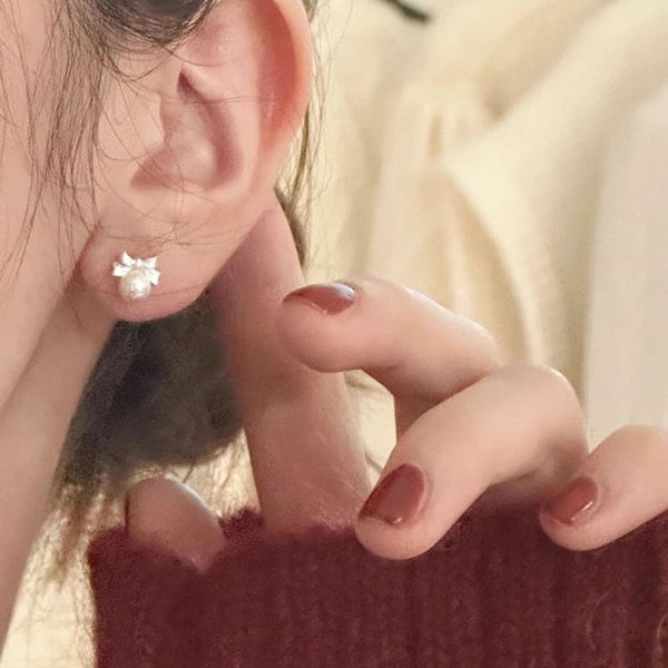 Silver Faux Bow Barbell Sterling Earring Pearl FashionChic