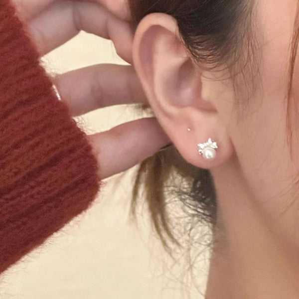 Silver Faux Bow Barbell Sterling Earring Pearl FashionChic