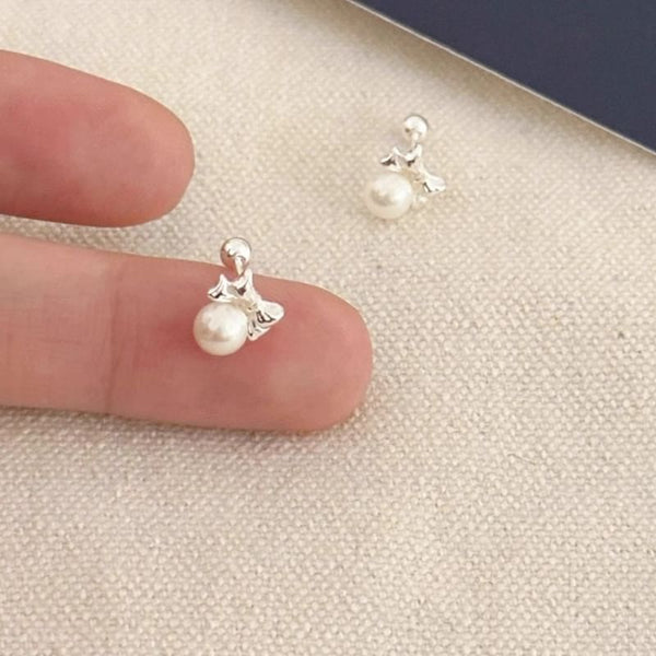 Silver Faux Bow Barbell Sterling Earring Pearl FashionChic