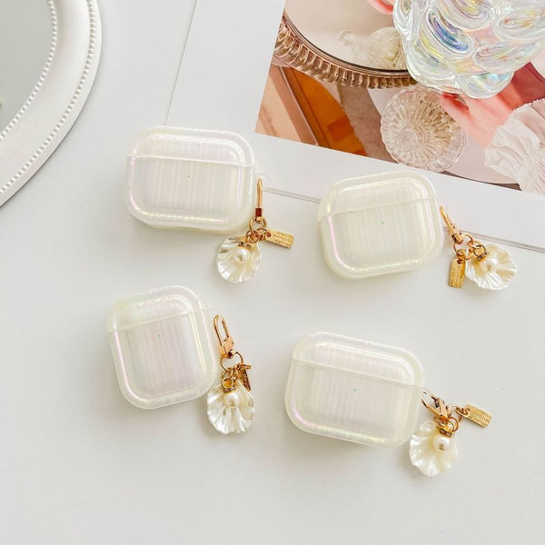 Shell White Pearl With Skin Texture / Pro Earphone Stripe Case AirPods Charm FashionChic