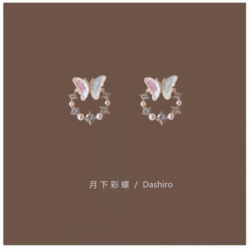 Rhinestone Faux Stud Alloy Pearl Butterfly Earring FashionChic