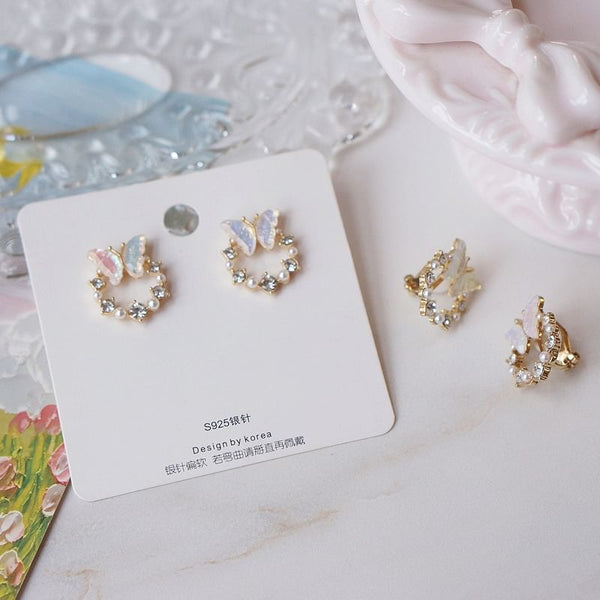 Rhinestone Faux Stud Alloy Pearl Butterfly Earring FashionChic