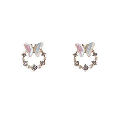 Rhinestone Faux Stud Alloy Pearl Butterfly Earring FashionChic