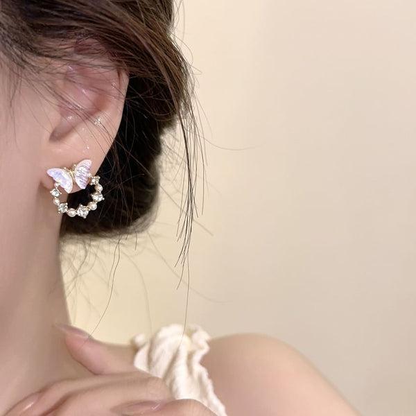 Rhinestone Faux Stud Alloy Pearl Butterfly Earring FashionChic