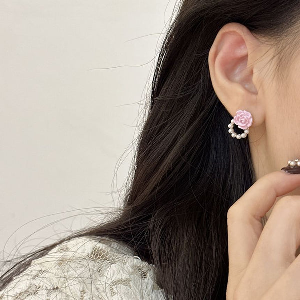 Alloy Floral Faux Pearl Stud Earring FashionChic