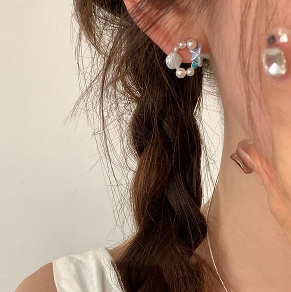 Faux Alloy Starfish Shell Earring Stud Pearl FashionChic