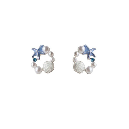 Faux Alloy Starfish Shell Earring Stud Pearl FashionChic