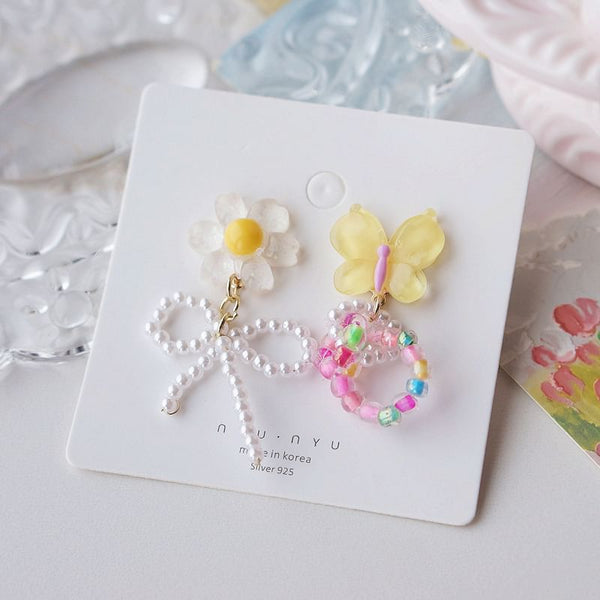 Asymmetrical Clip Beaded Earring Drop On Flower / FashionChic