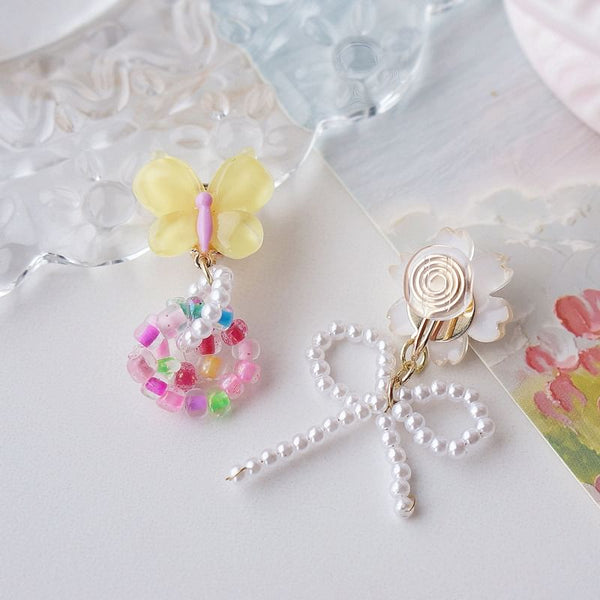 Asymmetrical Clip Beaded Earring Drop On Flower / FashionChic