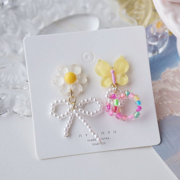 Asymmetrical Clip Beaded Earring Drop On Flower / FashionChic