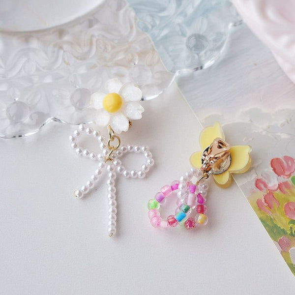 Asymmetrical Clip Beaded Earring Drop On Flower / FashionChic