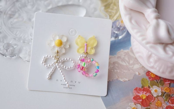 Asymmetrical Clip Beaded Earring Drop On Flower / FashionChic