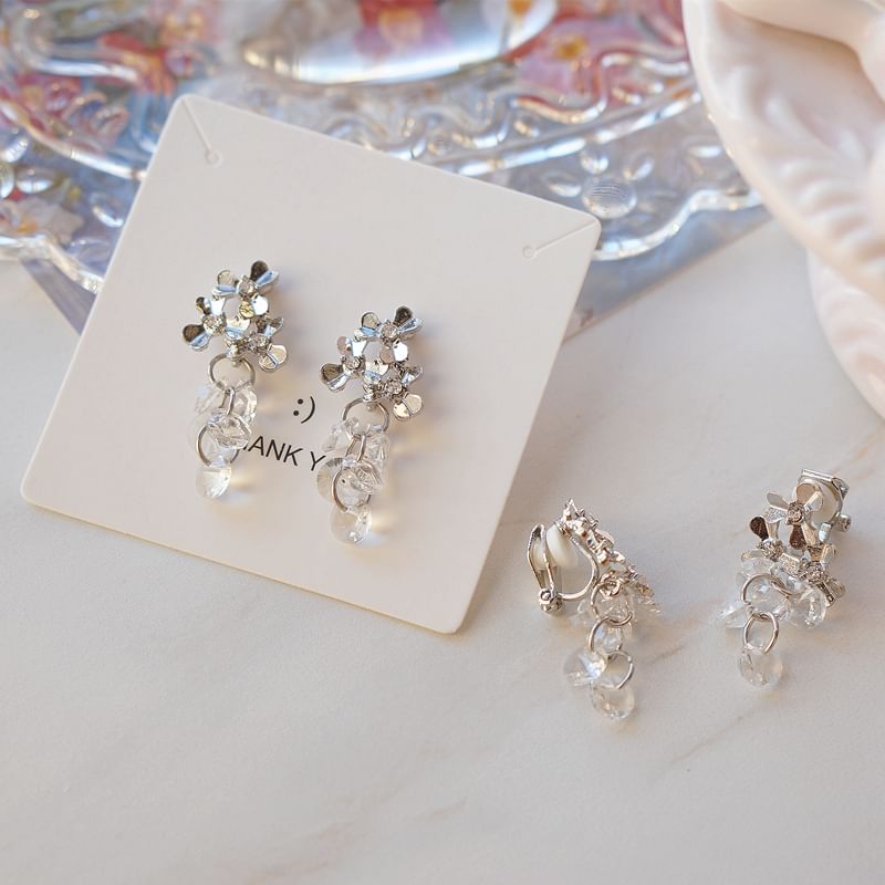 Clip-On Floral Drop Rhinestone / Faux Earring Crystal FashionChic