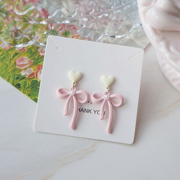 Faux Clip-On / Pearl Bow Heart Drop Earring FashionChic