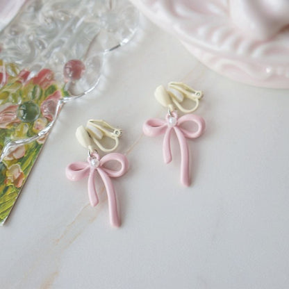 Faux Clip-On / Pearl Bow Heart Drop Earring FashionChic