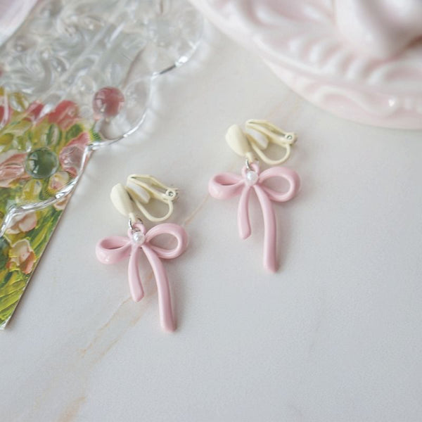 Faux Clip-On / Pearl Bow Heart Drop Earring FashionChic