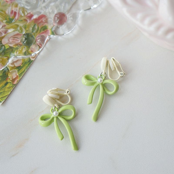 Faux Clip-On / Pearl Bow Heart Drop Earring FashionChic