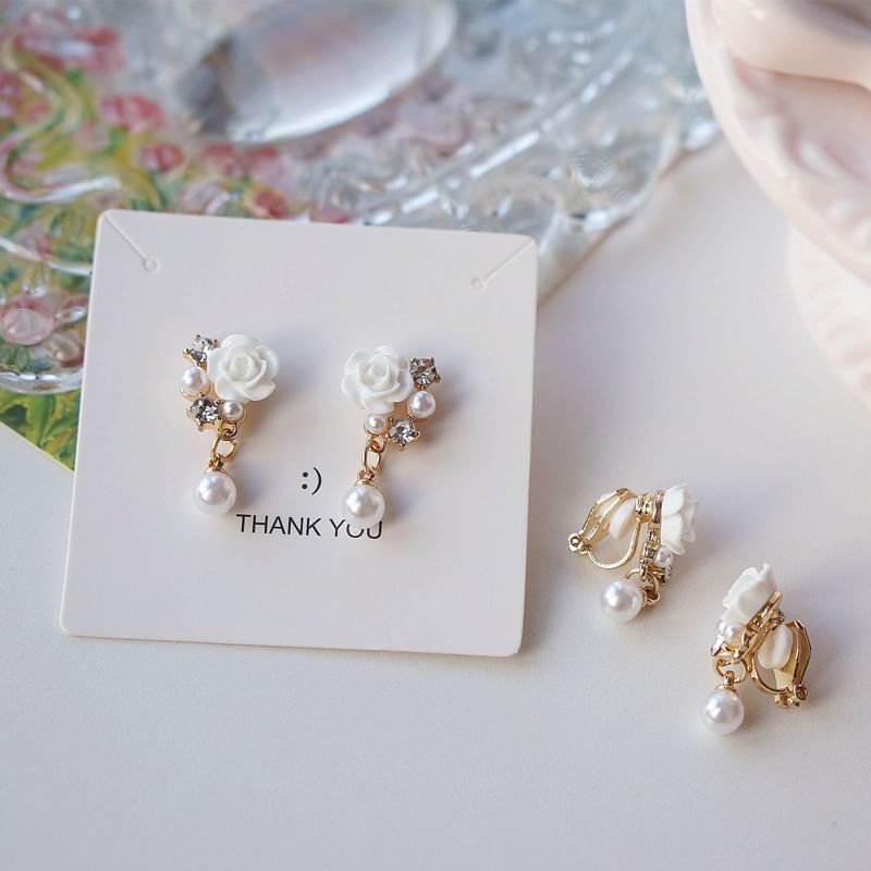 Drop Clip-On / Earring Pearl Floral Rhinestone Faux FashionChic