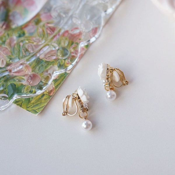 Drop Clip-On / Earring Pearl Floral Rhinestone Faux FashionChic