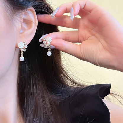 Drop Clip-On / Earring Pearl Floral Rhinestone Faux FashionChic