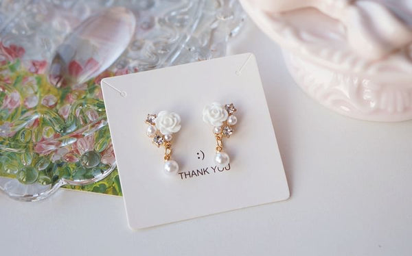 Drop Clip-On / Earring Pearl Floral Rhinestone Faux FashionChic