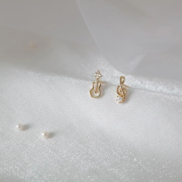 Music Stud Earring Note Asymmetrical Rhinestone Guitar Alloy FashionChic